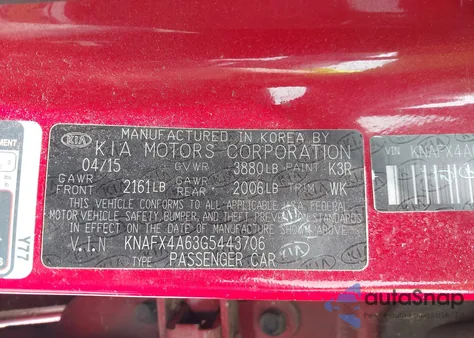 2016 Kia Forte Lx из США, поврежденный, VIN KNAFX4A63G5443706